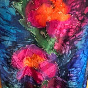 Vintage Hand Painted Silk Oblong Watercolor Scarf Signed Floral Blue Pink